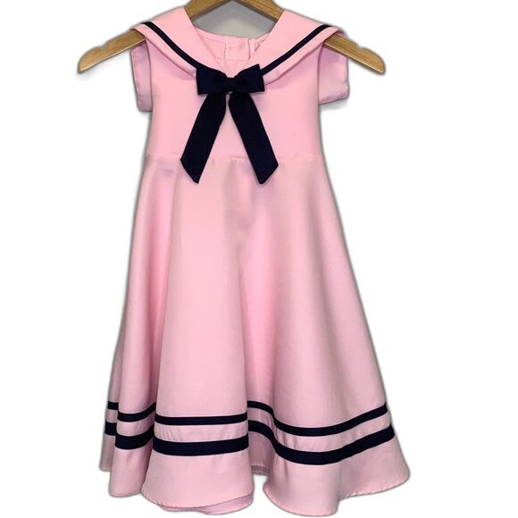 Rare Edition Girls Sailor‎ Pink Navy Trim Dress Cape Bow Ribbon Flare Twirl - Picture 1 of 6